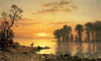 Albert Bierstadt : Sunset Deer and River
